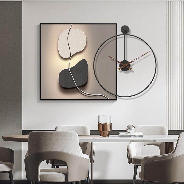 现代轻奢餐厅装饰画带时钟表组挂合画石来运转带大气简约饭厅壁画