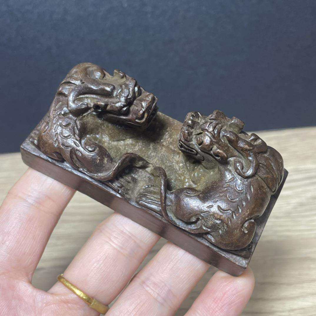 复古瑞兽印章雕刻印旧货双貔貅印章铜合金古玩收藏仿古老物件摆件