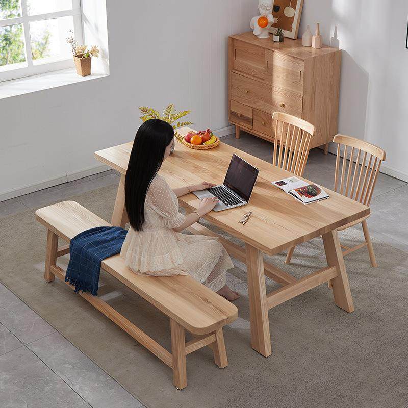 简约纯实木长桌子家用餐厅吃饭桌长方形实木餐桌椅组合白蜡木桌椅