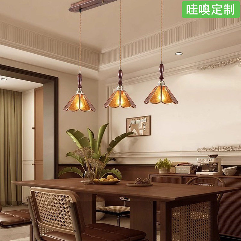 【哇噢】美式复古餐厅灯可移动轨道餐桌吊灯中古风胡桃木三头饭厅