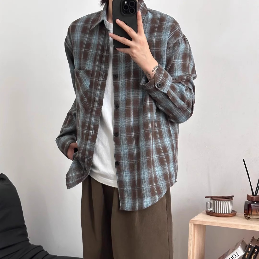 墨岚男士秋款翻领格子衬衫