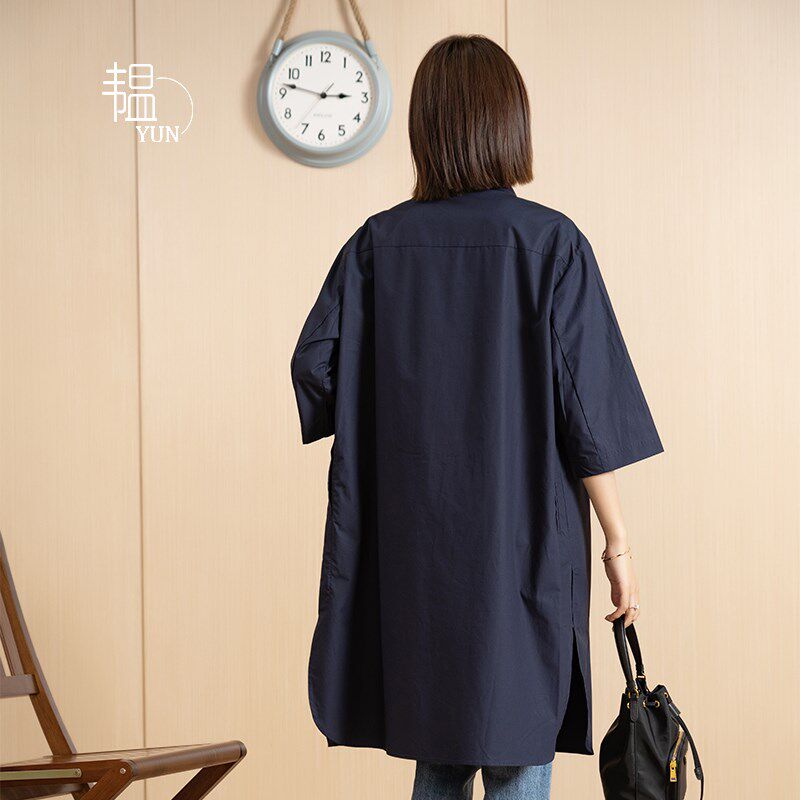【YUN】韫2023春季新款女小众休闲版型垂感纯棉翻领长款中袖衬衫