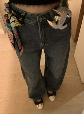 Mas Mash 新款复古宽松垂感显瘦镰刀阔腿牛仔裤女春蓝色直筒裤子