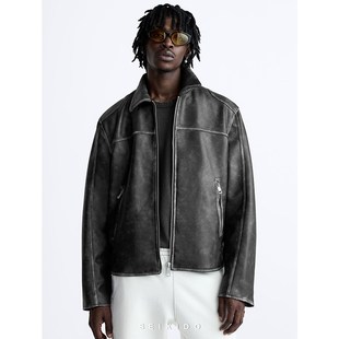 机车皮外套5320 柜699 做旧翻领复古仿皮夹克简约修身 男装 403 秋季