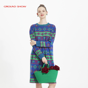 阁兰秀蓝绿色羊毛提花针织连衣裙女春秋中长圆领宽松长袖 毛衣洋气