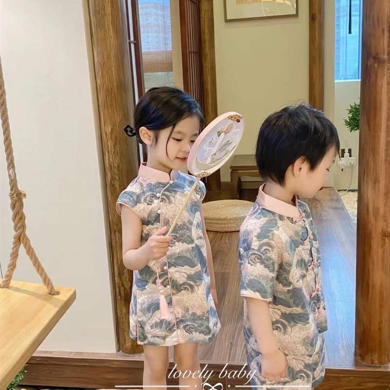 女宝姐弟海浪旗袍儿童亲子男童汉服中国风唐装女童连衣裙碎花纯棉