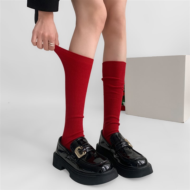 夜间教习室红色丝袜圣诞节y2k中筒小腿袜jk腿套堆堆袜套爱心黑丝