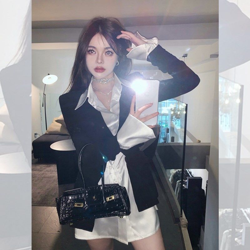 小个子收腰抽褶翻领西装连衣裙女秋季新款气质衬衫裙短裙子套装女