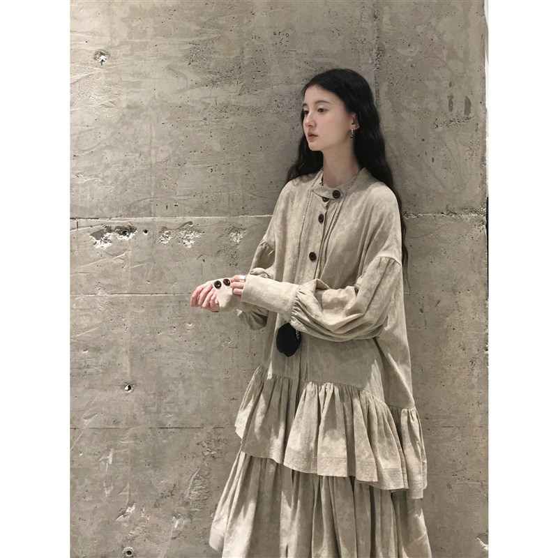 侘寂风日杂连衣裙女春秋假两件荷叶边拼接蓬蓬蛋糕衬衫裙叠穿裙子