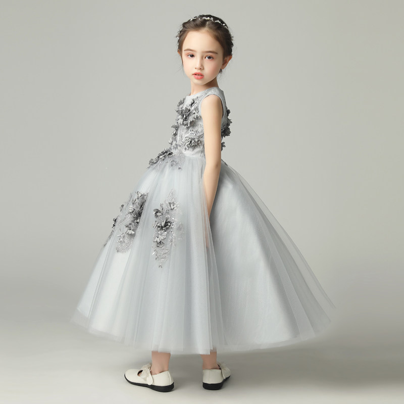 儿童礼服公主裙蓬蓬纱灰色婚纱长裙中大童钢琴模特演出服洋气