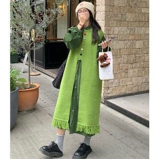 大码女装2024秋冬胖mm木耳边长款连衣裙+叠穿流苏马甲针织连衣裙