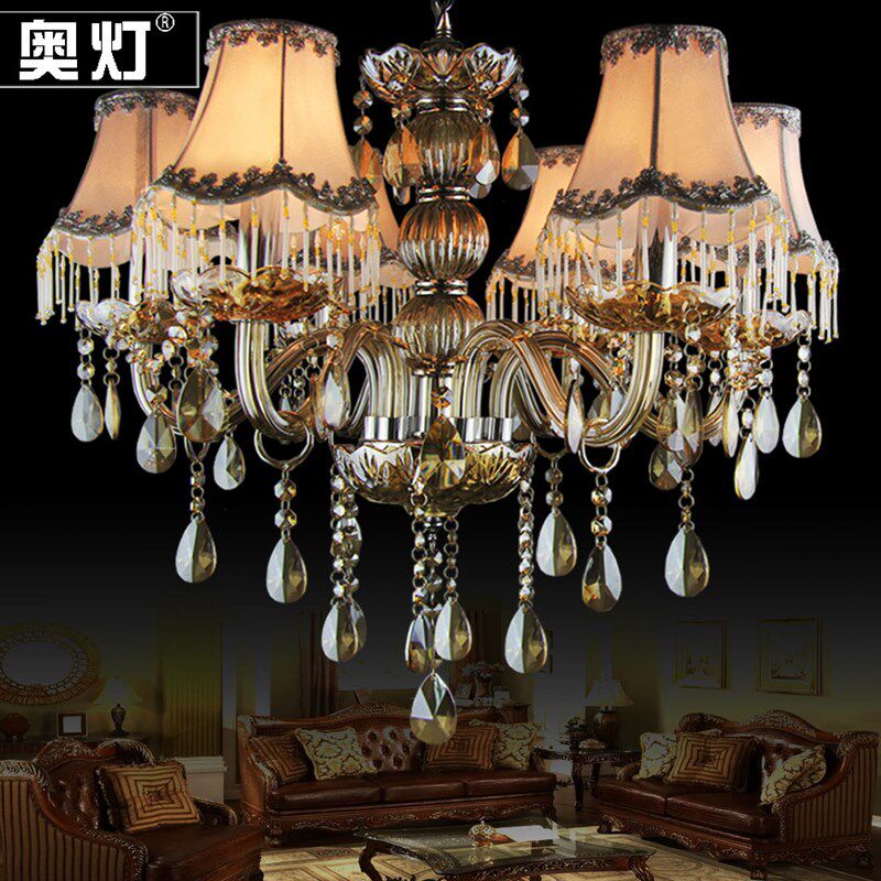 奥灯欧式干邑色梨形水晶吊灯客厅主卧室书房间服装店布艺灯罩1183