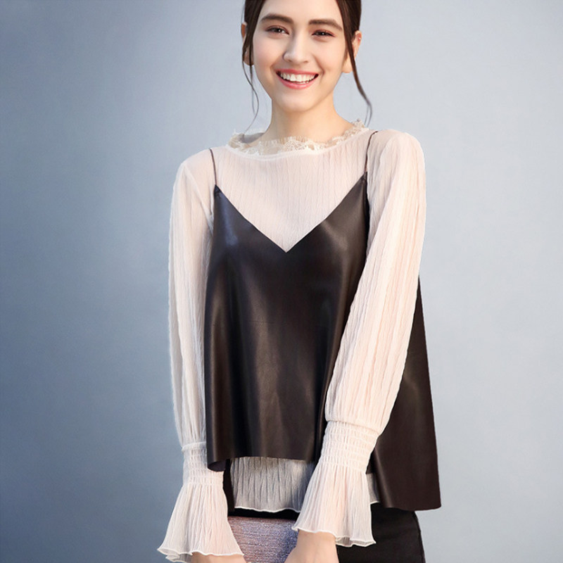 压褶喇叭袖洋气小衫蕾丝打底衫女长袖仙气质薄款内搭雪纺衫上衣女