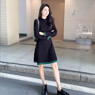 中长款针织连衣裙女秋冬内搭半高领修身显瘦小个子打底a字毛衣裙
