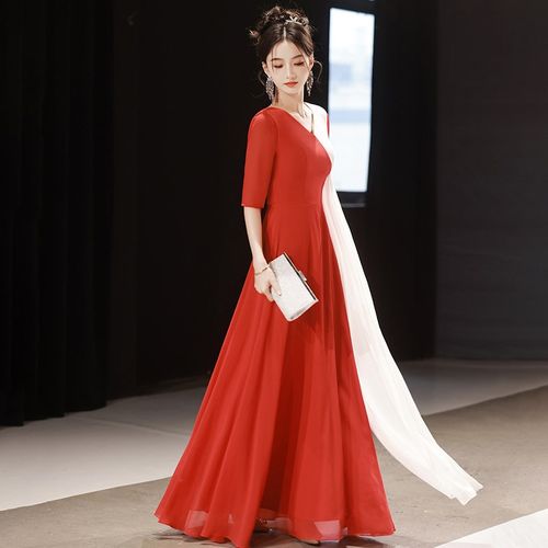 红色V领大合唱团演出女长款裙主持红歌古筝舞蹈朗诵表演晚礼服装