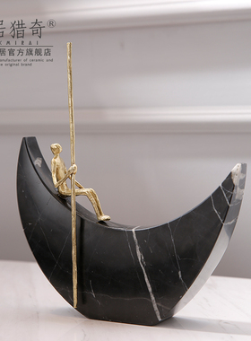北欧风格金属大理石摆件 样板房间轻奢软装饰品 月亮船人物工艺品