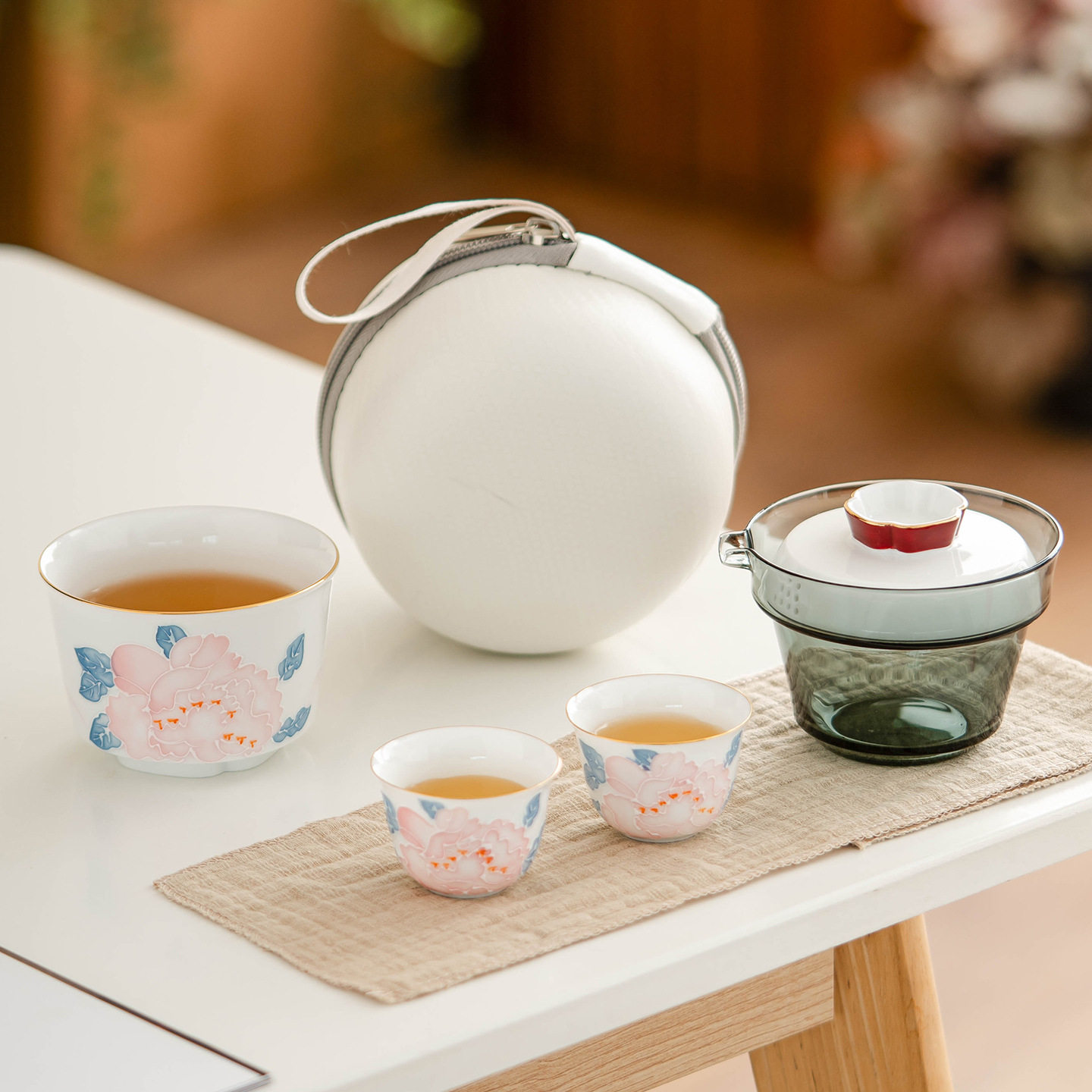 工厂手绘堆雕牡丹陶瓷旅行茶具便携式快客杯一壶三杯户外喝茶装备