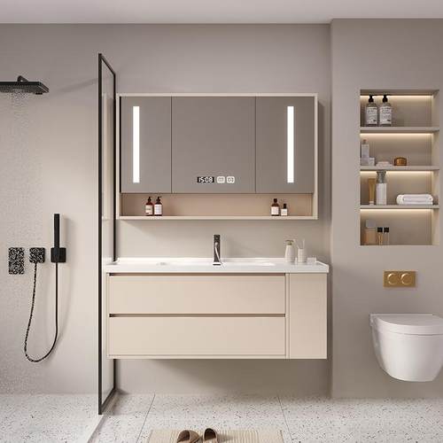 法式奶油风浴室柜镜柜组合简约现代陶瓷一体盆侧边收纳洗脸池新品