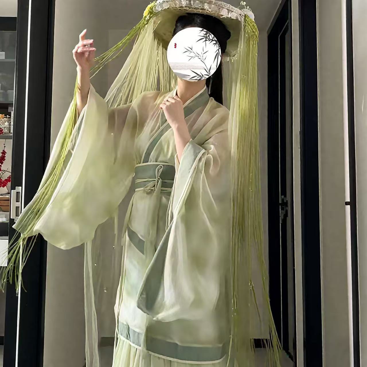 汉服帷帽斗笠古风流苏水晶帘侠女斗笠舞台演出道具防晒遮容帽面纱
