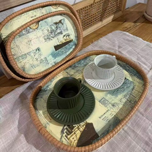 水杉木墨画托盘手工编织