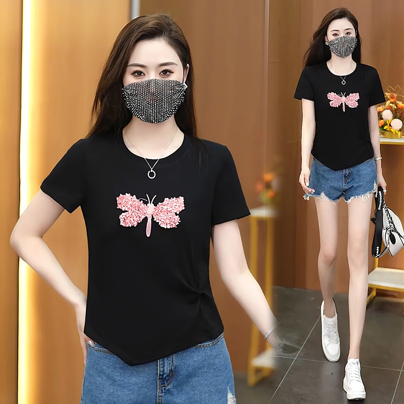 短袖上衣女时尚正肩t恤夏季新款黑色宽松显瘦收腰减龄百搭设计感