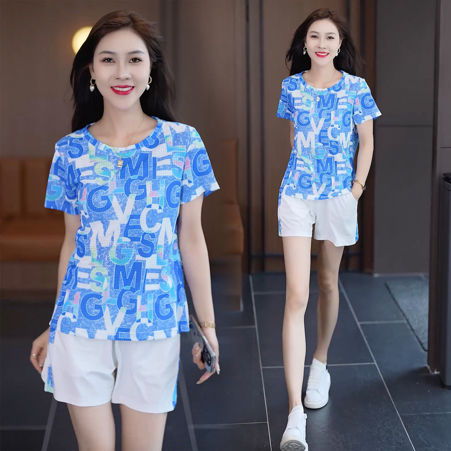 字母印花短袖短裤套装女夏2026新款冰丝速干透气休闲运动两件套