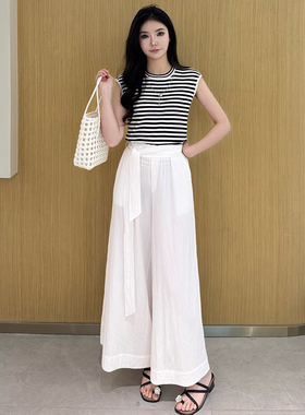 条纹无袖上衣高腰阔腿裤套装2025夏季新款显瘦两件套小个子高级感