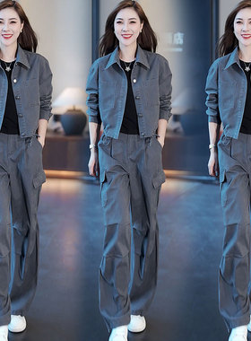 时尚套装女2025年秋冬新款短款开衫外套显瘦工装阔腿裤休闲两件套