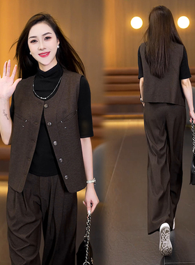 韩系早秋穿搭港风复古上衣女纯色无袖马甲直筒阔腿裤叠穿两件套装