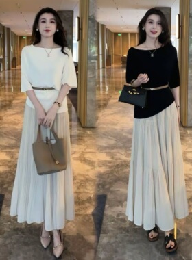 法式气质套装名媛小香风两件套女夏季新款蝙蝠袖上衣高腰半身裙潮