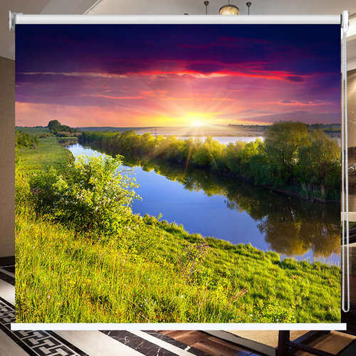 山水风景山水升降窗帘挂画卧室办公室全遮光布遮阳防水手拉式卷帘