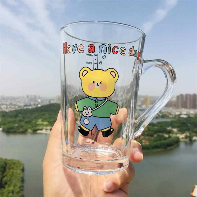 玻璃杯牛奶杯加厚水杯吸管果汁带刻度可微波加热带盖子早餐可爱卡图片