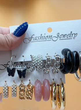 2022欧美新款创意简约女士几何蝴蝶珍珠树脂链条耳环套装earings