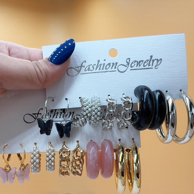 2022欧美新款创意简约女士几何蝴蝶珍珠树脂链条耳环套装earings