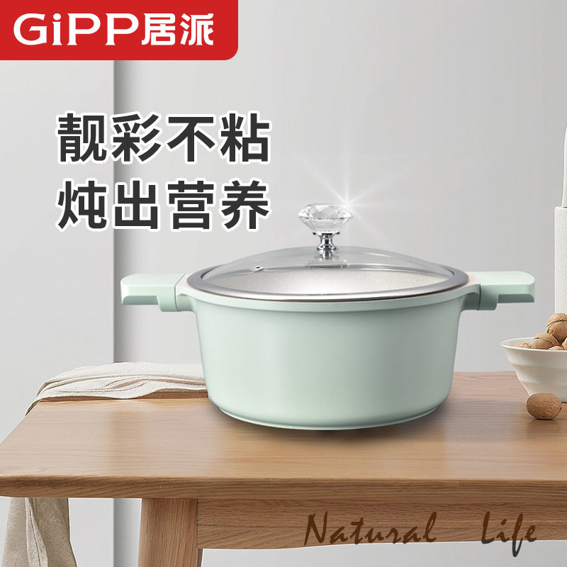 居派靓彩抗菌煲汤锅不粘锅炖锅煮粥奶锅电磁炉煮面锅24cm带耳防烫