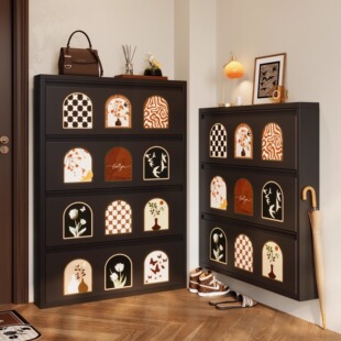 中古风超薄款鞋柜家用门口钢制极窄入户门外走廊用小窄翻斗鞋架