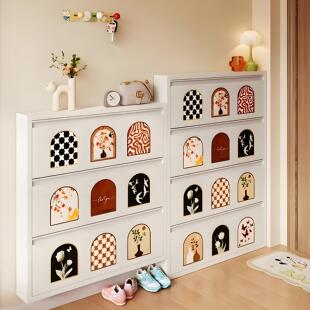 中古风超薄款鞋柜家用门口钢制极窄入户门外走廊用小窄翻斗鞋柜