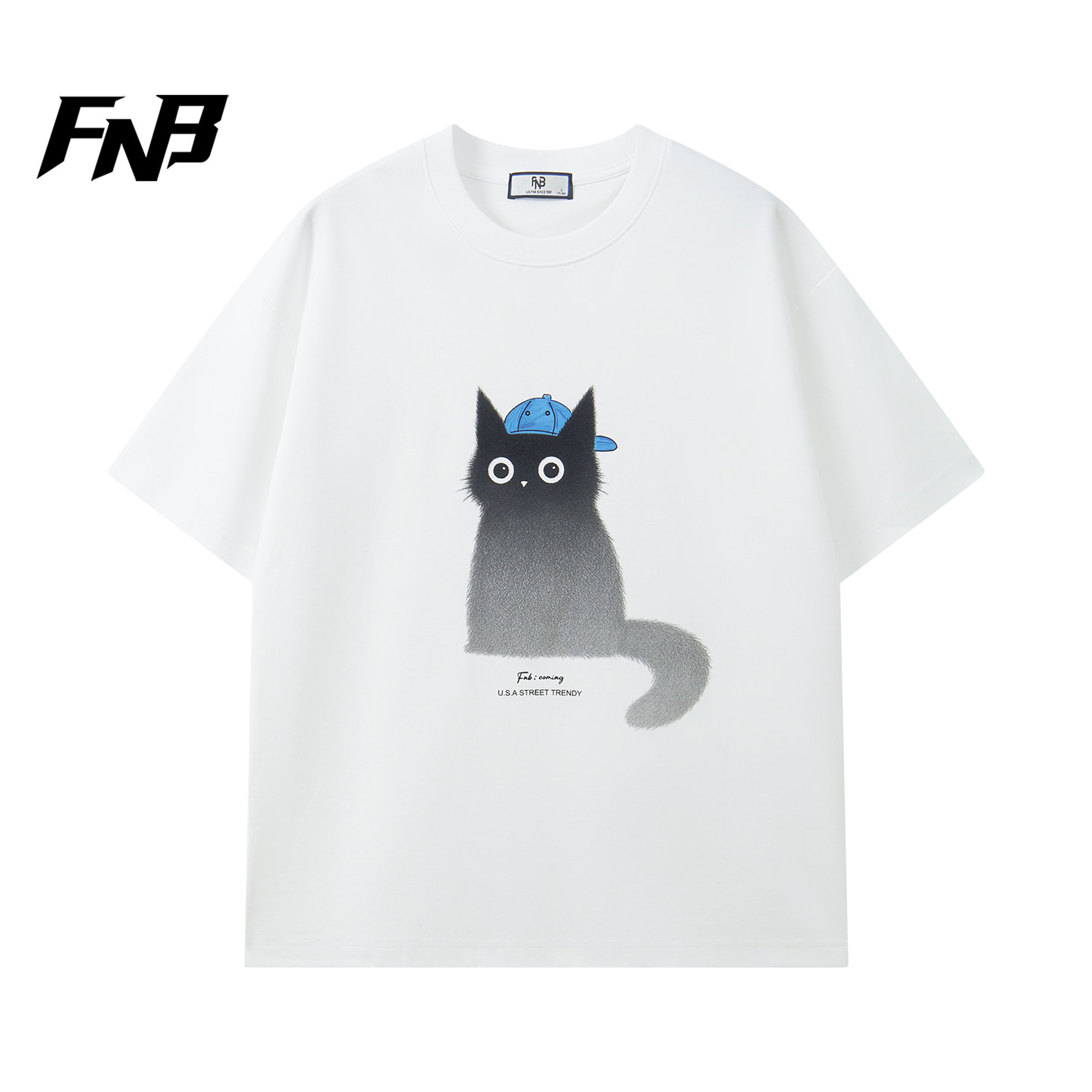 FNB2026年新款美式卡通小猫印花短袖T恤男女宽松潮牌休闲白色上衣