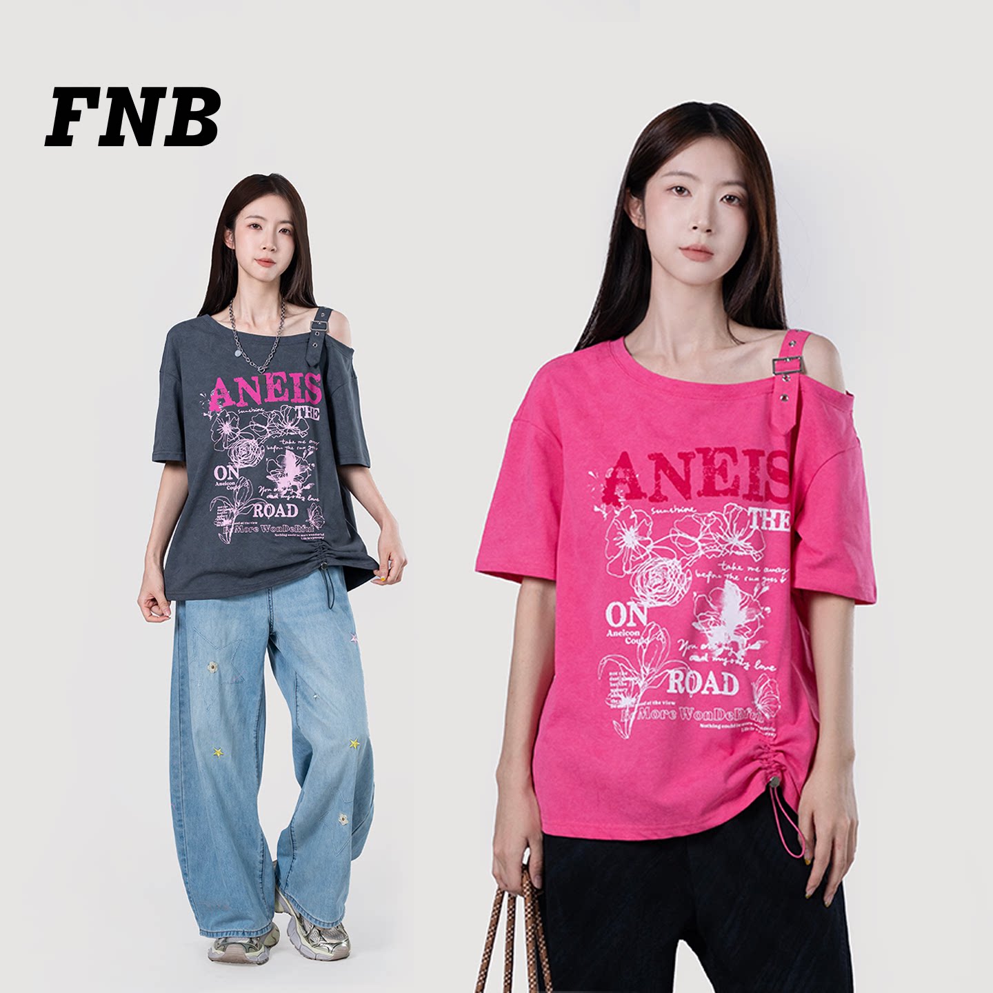 美国FNB2026夏季新款一字领斜肩印花短袖T恤女宽松百搭个性上衣