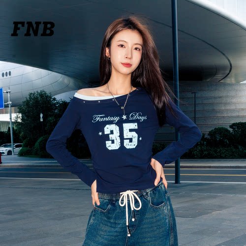 美国FNB印花露肩辣妹长袖T恤深蓝