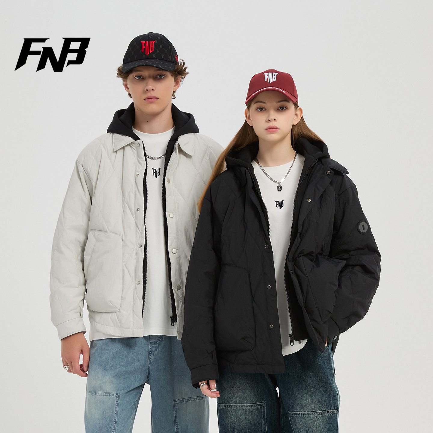 FNB美式潮牌工装情侣羽绒服男女短款连帽假两件保暖外套潮秋冬款