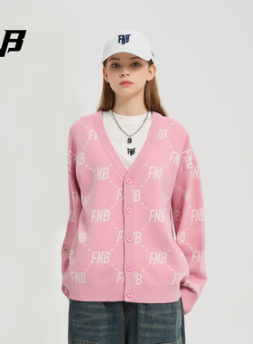FNB美式潮牌毛衣针织开衫百搭休闲长袖老花满印上衣外套男女情侣