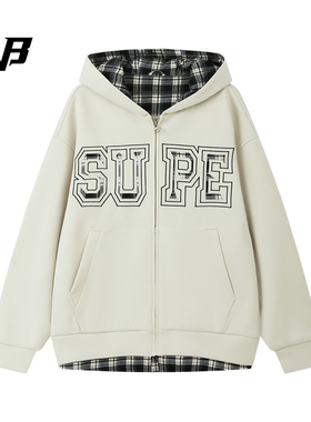 FNB美式潮牌字母刺绣连帽卫衣男女休闲拉链外套格纹拼接加厚夹克