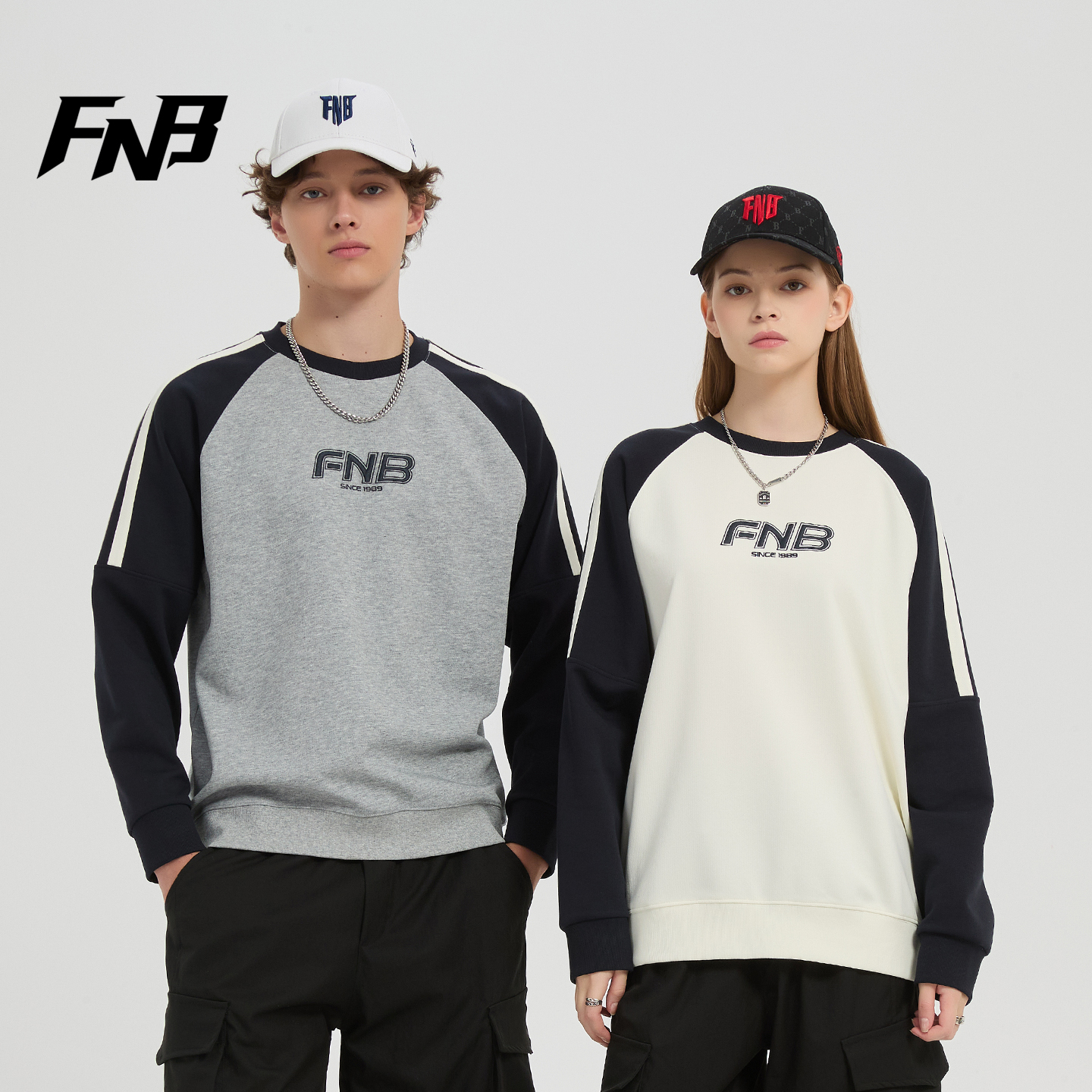 FNB潮牌卫衣男女同款条纹拼接秋冬新款小众字母刺绣圆领长袖上衣