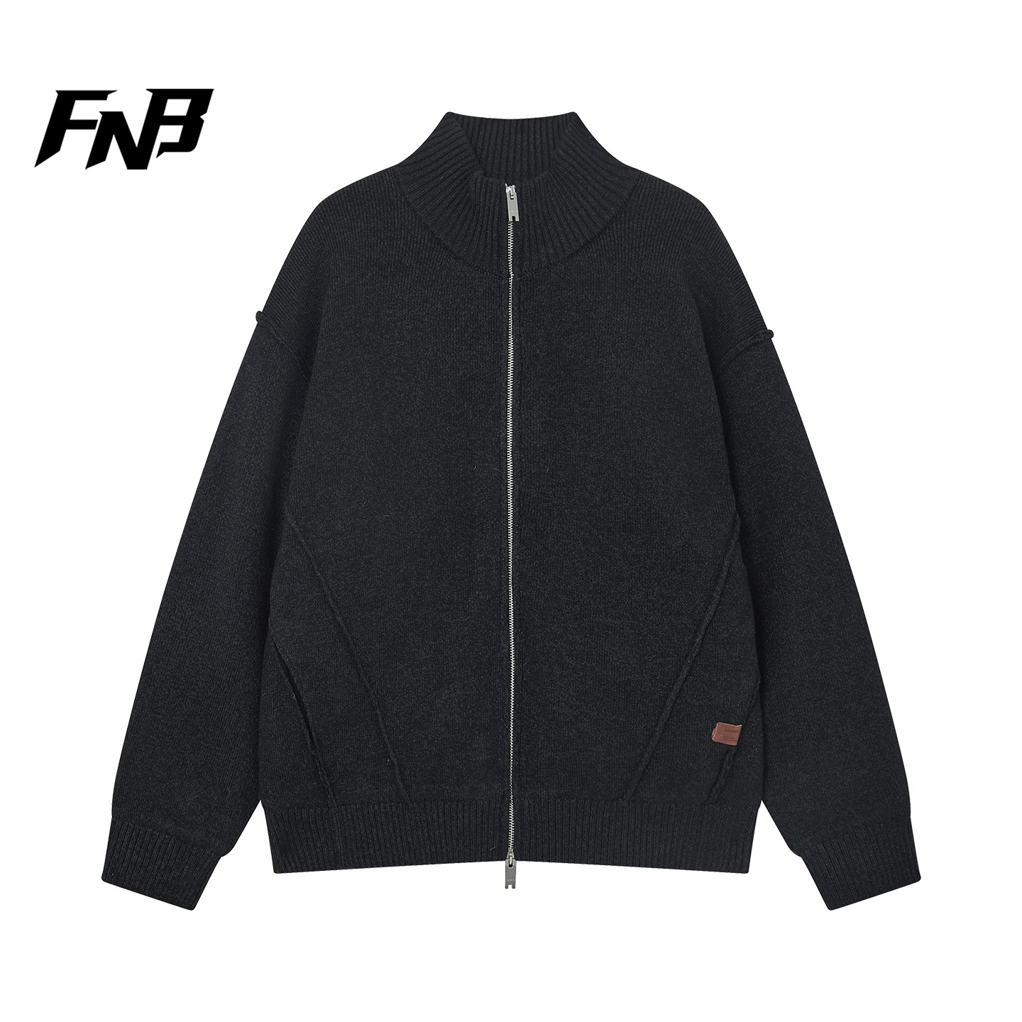 FNB美式潮牌复古立领羽绒服针织开衫男女黑色宽松毛衣外套冬季款