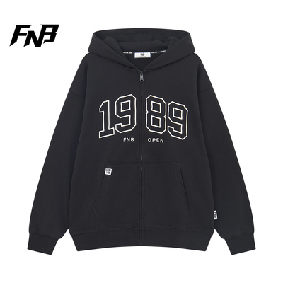 FNB美式复古连帽拉链开衫卫衣男女黑色数字重磅刺绣潮流百搭秋季