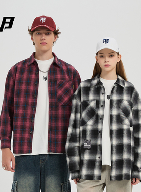 FNB美式潮牌雅痞复古格子翻领长袖衬衫男女秋季轻奢大码衬衣外套