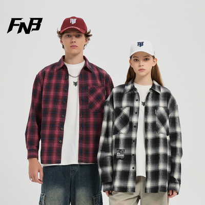 FNB美式潮牌雅痞复古格子翻领长袖衬衫男女春季轻奢大码衬衣外套