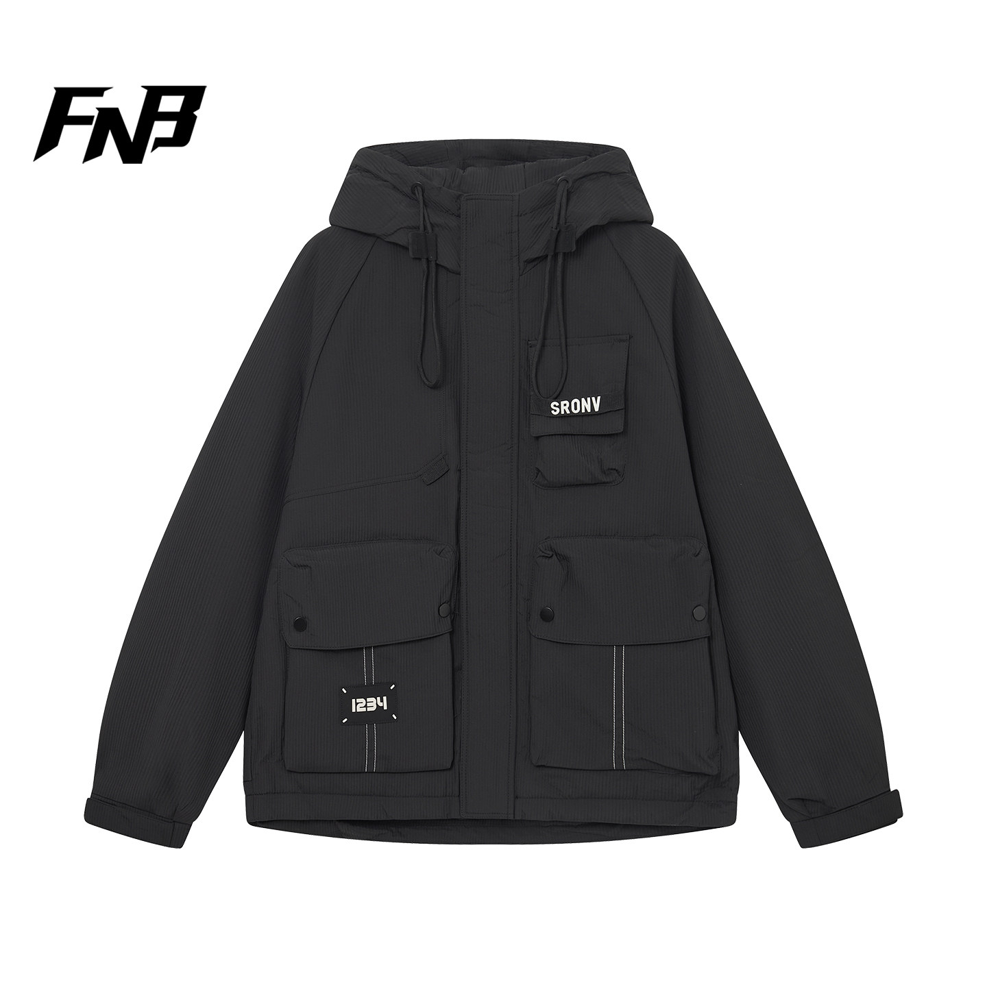 FNB美式潮牌工装风连帽羽绒服冬男女多口袋保暖外套黑色潮流百搭