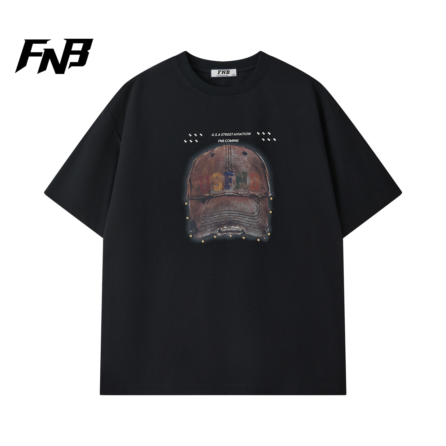 FNB美式复古风短袖T恤百搭潮流男女同款宽松潮牌帽子印花上衣